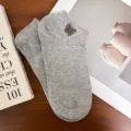 Gray cotton low-cut boat socks for women with sparkling rhinestone butterfly decor. - One Size 34-39 / Light Gray