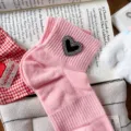 Pink cotton short socks for women with rhinestone heart decoration, breathable and stylish. - One Size 34-39 / Pink