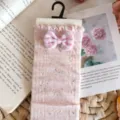 Cute pink mid-calf socks with plaid bow and delicate knit patterns for women and girls. - One Size 34-39 / Pink Dotted Yarn