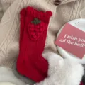 Cute red strawberry knit mid-calf socks for women, sweet Japanese style cotton daily wear winter. - Bubble Cuff with Red Strawberries