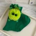 Women cute green mid-calf socks with quirky fuzzy monster doll and tiny sunglasses design. - One Size 34-39 / Dark Green with Green Pompoms
