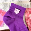 Cute purple cotton short socks with a sweet bear button design, breathable and soft for daily wear. - One Size / Dark Purple with Pink Buttons