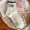 Japanese cute white short socks with lettuce edge and multi buttons for women spring summer. - One Size 34-39 / Beige