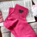 Pink cotton short socks for women with sweet butterfly rhinestone decoration and ribbed cuff. - One Size 34-39 / Rose Red