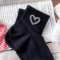 Black knit short socks for women, sweet rhinestone heart embellished cotton socks, breathable. - One Size 34-39 / Black