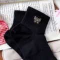 Black cotton short socks for women with elegant rhinestone butterfly brooch, trendy knit style. - One Size 34-39 / Black