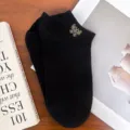 Black cotton boat socks for women featuring a chic sparkling rhinestone butterfly decoration. - One Size 34-39 / Black