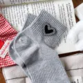 Grey rib knit short socks for women featuring a sparkling crystal heart charm, stylish and cozy. - One Size 34-39 / Gray