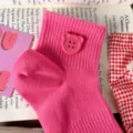 Pink short socks for women girls featuring cute bear button design, soft cotton knit variant. - One Size / Rose Red with Rose Red Buttons