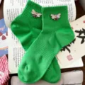 Green short socks for women with rhinestone bee decor, cute cotton mesh casual socks. - Green