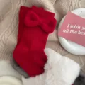 Red women mid-calf socks sweet cute plush bow design festive holiday gift winter cozy socks - Elastic Cuff with Bows