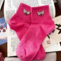 Pink cotton ankle socks featuring sparkling rhinestone bee decoration for women and girls. - Rose Red