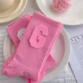 Chaussettes mi-mollet rose style college avec patch lettre G en cuir PU jolies chaussettes femme - Taille Unique (EU 34-39) / Rose fille G