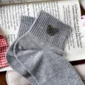 Grey ribbed ankle socks featuring a sparkly rhinestone butterfly charm, cute and sweet daily wear. - One Size 34-39 / Gray