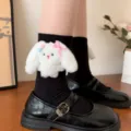 Cute plush bunny long socks with 3D rabbit, pink bow and pearls, sweet cotton socks SKU. - One Size (EU 34-39) / Rabbit with Black Socks and Pink Bow
