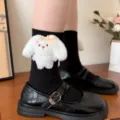 Cute Black Mid-Calf Cotton Socks with Cute 3D White Bunny Plush Decoration Kawaii Variant - One Size (EU 34-39) / Rabbit with Black Socks and Yellow Bow