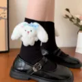Cute white bunny plush long tube socks for women, sweet black cotton hosiery with bow ribbon. - One Size (EU 34-39) / Rabbit with Black Socks and Blue Bow
