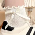 White lace ruffle socks women cute bow pearl mesh breathable short JK hosiery variant style - One Size 34-39 / Wavy Side Bow