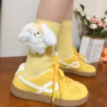 Cute yellow long tube socks featuring fluffy bunny plush and pearl necklace decoration stylish design. - One Size (EU 34-39) / Rabbit with Yellow Socks and Yellow Bow
