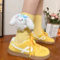 Cute bunny plush yellow mid-calf socks with casual yellow sneakers for women daily wear. - One Size (EU 34-39) / Rabbit with Yellow Socks and Blue Bow