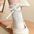 White ruffled mid-calf socks with sweet bow and pearl decoration, breathable summer mesh sock. - One Size 34-39 / Small Flower Heel Bow