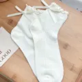 White ruffle mesh socks with sweet pearl heart bow knots for JK Lolita daily wear. - One Size 34-39 / Wave Heel Bow
