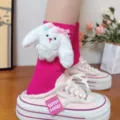 Cute plush rabbit long tube socks for women sweet pink kawaii hosiery cotton casual daily - One Size (EU 34-39) / Rose Red Socks Pink Bow Rabbit