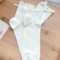 White sweet JK Lolita short socks with bow pearl decoration, breathable summer mesh design. - One Size 34-39 / Diamond Pattern Side Bow