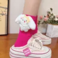 Cute 3D plush rabbit long socks for women, sweet pink mid-calf socks with bow accessory. - One Size (EU 34-39) / Rabbit with Rose Red Socks and Yellow Bow