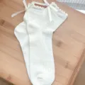 White summer JK Lolita mesh short socks with sweet ribbon bows and pearl heart charms. - One Size 34-39 / Diamond Pattern Heel Bow