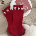 Red knit socks for women autumn winter stylish pearl mid-calf socks cozy festive warm hosiery - One Size (EU 34-39) / Arctic Circle