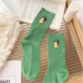 Green ribbed crew socks with cute ancient Chinese style doll decoration, sweet college style. - One Size (EU 34-39) / Green