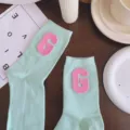 Macaron mint green mid-tube socks with cute pink letter G leather patch, sweet style. - One Size 34-39 / Mint Green and Pink G