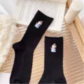 Black ribbed mid-calf socks featuring cute traditional Chinese style doll ornaments, sweet daily wear. - One Size (EU 34-39) / Black