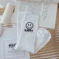 White ribbed mid-tube socks with cute smiley face and happy letter print for daily casual wear. - One Size (EU 34-39) / White