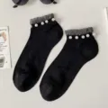Women black pearl lace short socks Japanese sweet ruffled ankle socks for summer daily wear. - Black