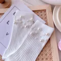 White knit mid tube socks for women featuring elegant pearl beaded cuffs sweet Japanese style. - One Size (EU 34-39) / White