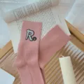 Pink ribbed slouch socks for women, with rhinestone letter R patch for cozy autumn style. - One Size 34-39 / Pink