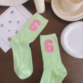 Macaron color leather letter G women socks sweet style candy color mid-tube socks fashion - One Size 34-39 / Ice Cream Green and Pink G