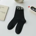 Black mid-calf socks with elegant pearl and rhinestone cuff details, trendy design for women. - One Size (EU 34-39) / Black