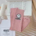 Pink ribbed mid-calf socks with smiley patch and letter print, cozy daily casual wear. - One Size (EU 34-39) / Pink