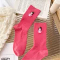 Cute pink ribbed mid-calf socks with sweet Chinese style cartoon girl decoration for women. - One Size (EU 34-39) / Watermelon red