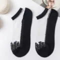 Women short crystal lace socks sheer summer breathable thin boat socks black white cute design - One Size (EU 34-39) / Black