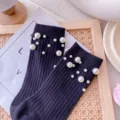 Women pearl black knit socks chic Japanese style mid tube socks decorative footwear - One Size (EU 34-39) / Black