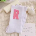 Cute white mid-calf socks with pink letter R patch, Japanese ins style cotton daily hosiery. - One Size 34-39 / White Socks with Pink R