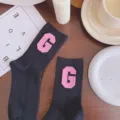Black mid-calf socks featuring a sweet pink leather letter G patch, trendy ins style candy color. - One Size 34-39 / Pink G with Black Socks