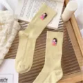 Yellow ribbed mid-calf socks with cute Tang style girl charm, sweet Japanese style hosiery. - One Size (EU 34-39) / Light Yellow