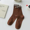Brown ribbed mid-calf socks featuring pearl and crystal flower cuff decorations for women. - One Size (EU 34-39) / Caramel color