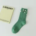 Green ribbed crew socks decorated with elegant pearls, perfect for stylish everyday wear. - One Size (EU 34-39) / Green
