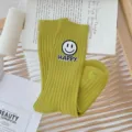 Women green ribbed mid-tube socks with cute smiley face letter patch for autumn winter daily wear. - One Size (EU 34-39) / Army Green